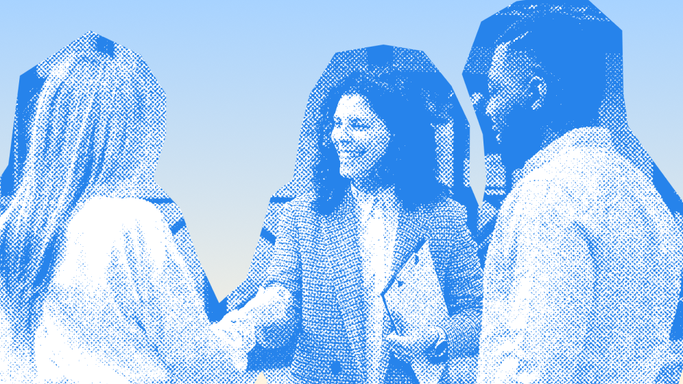Colleagues greeting each other in blue duotone